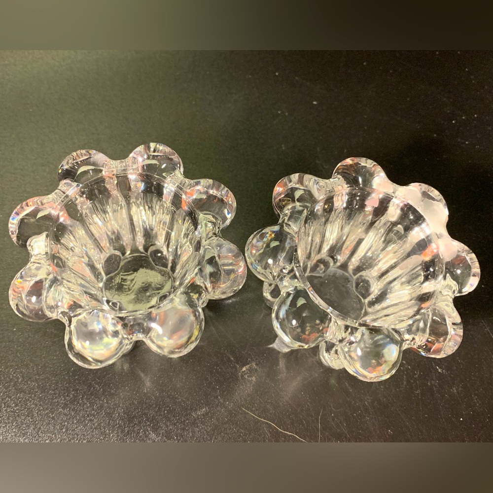 Crystal Candleholders Pair Indonesia Ruffled Bubble Glass